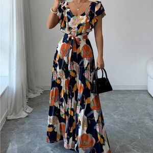 Women’s V-Neck Floral Print Ruffle Waist A-Line Dress